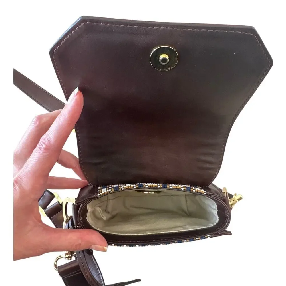 Tory Burch Mini Crossbody Navy Brown Logo Jacquard‎ Lock Bag